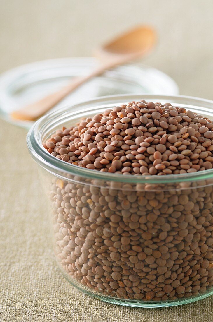 Lentils in a glass pot