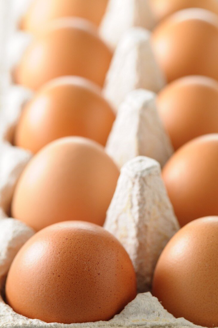 Brown hen's eggs in an eggbox (close-up)