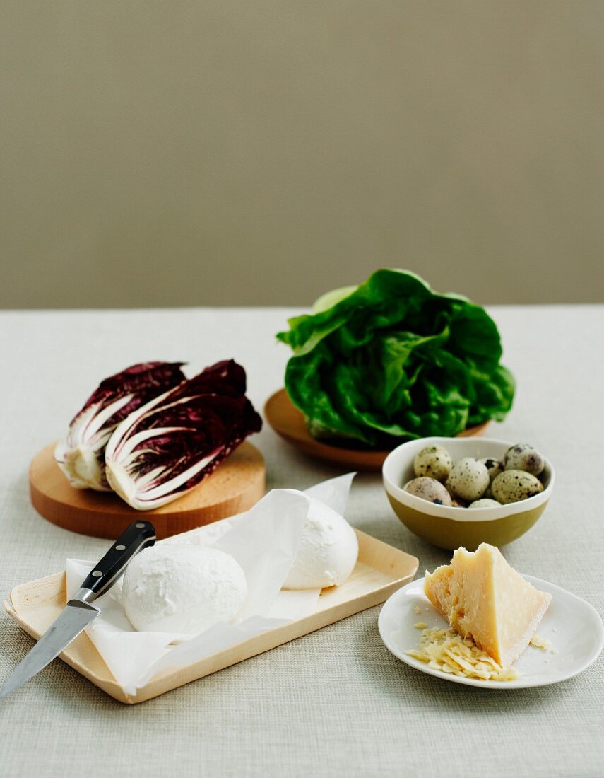 Bocconcini cheese, radicchio, butter lettuce, quail eggs and parmesan