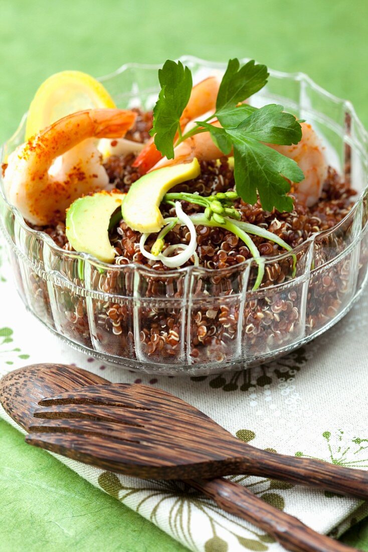 Red quinoa with prawns and avocado