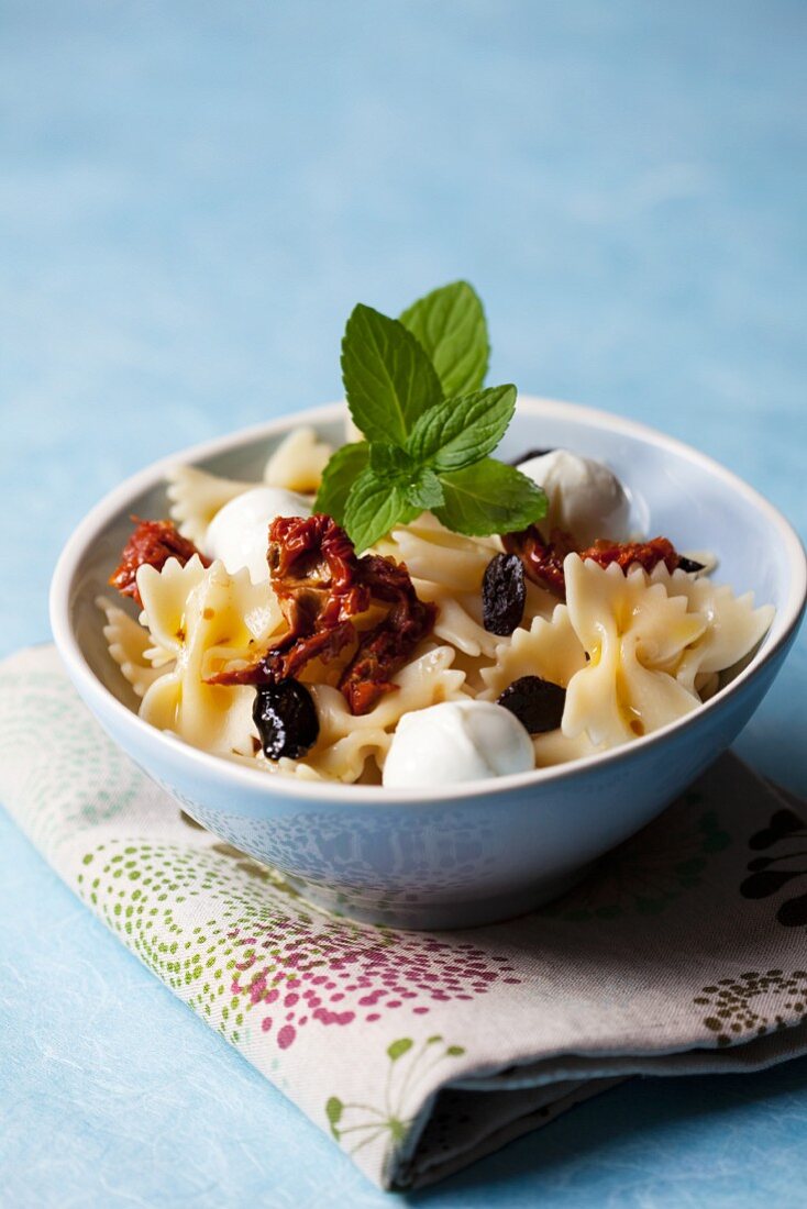 Pasta salad with mozzarella, dried olives and sundried tomatoes