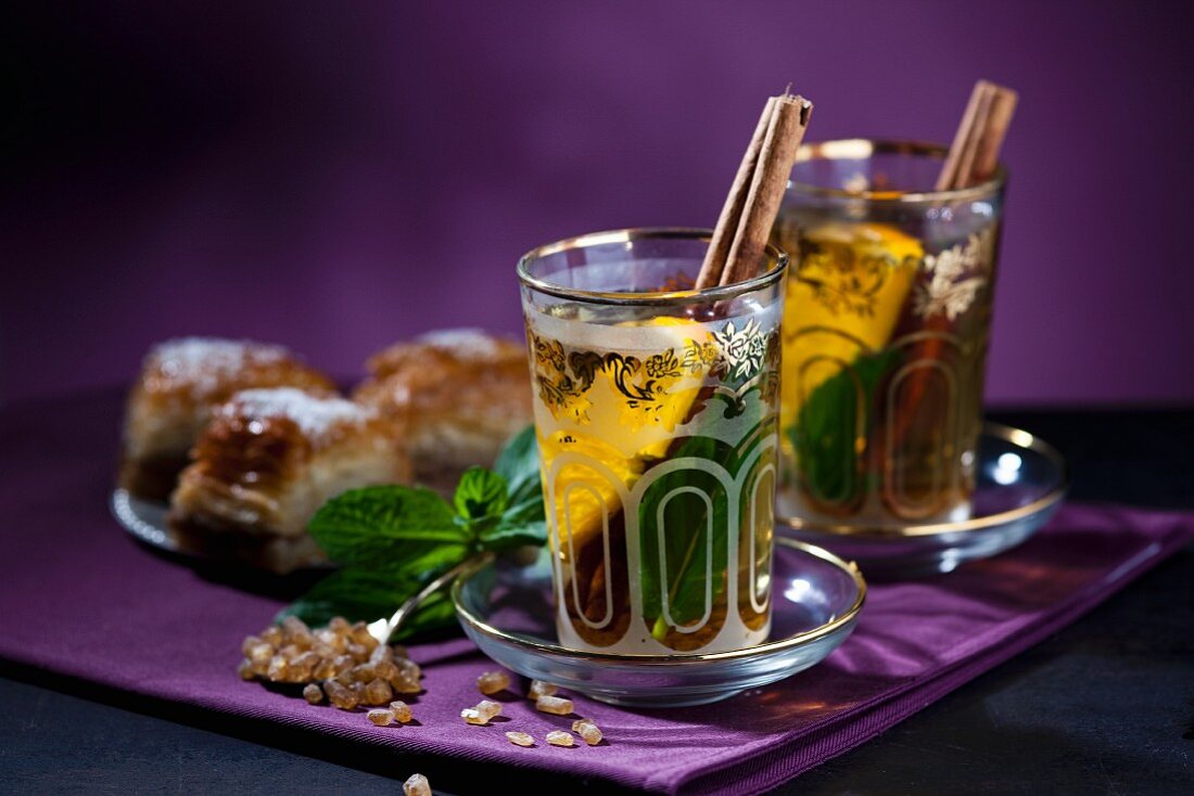 Tea Eastern-style with mint, cinnamon, orange and baklava