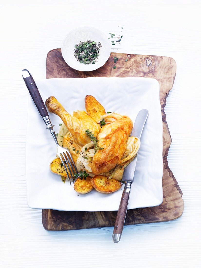 Corn-fed spring chicken with lemon thyme and roasted fennel