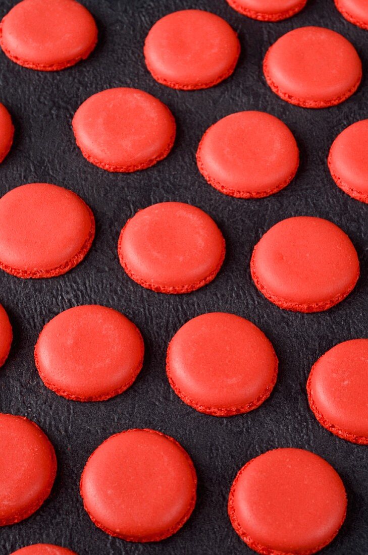 Freshly baked red macaroon halves on a slate surface