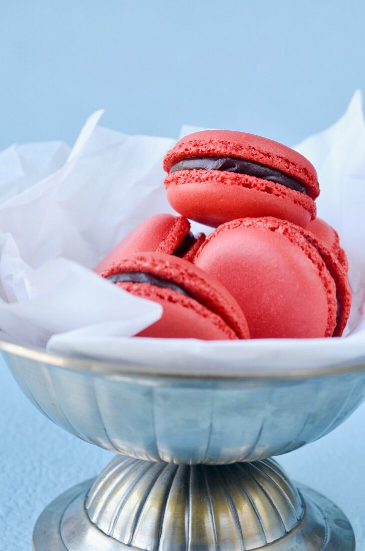 Raspberry macaroons with chocolate filling in a pewter dish
