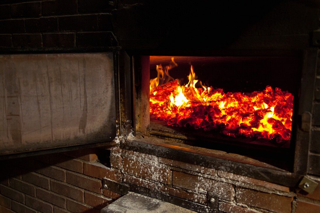 A fire in a wood-fired oven