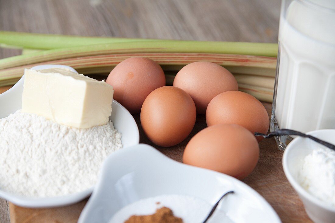 Ingredients for a rhubarb cake