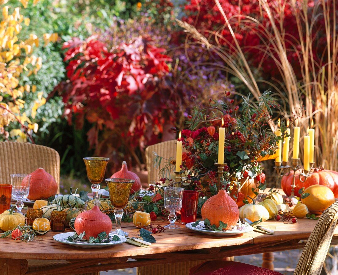 Autumnal patio table with squash, sea buckthorn, Chinese lanterns, rose hips and roses