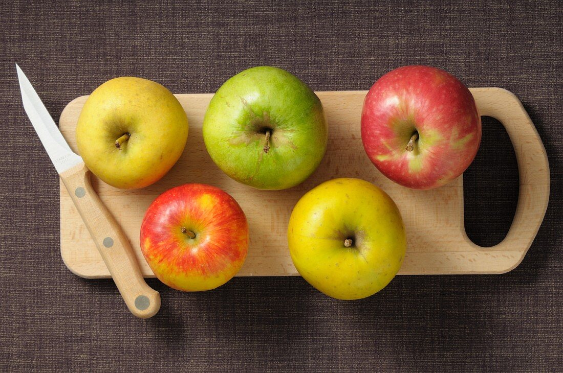 Assorted apples on a chopping board with a knife
