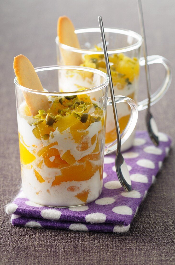 Peach trifle with pistachios
