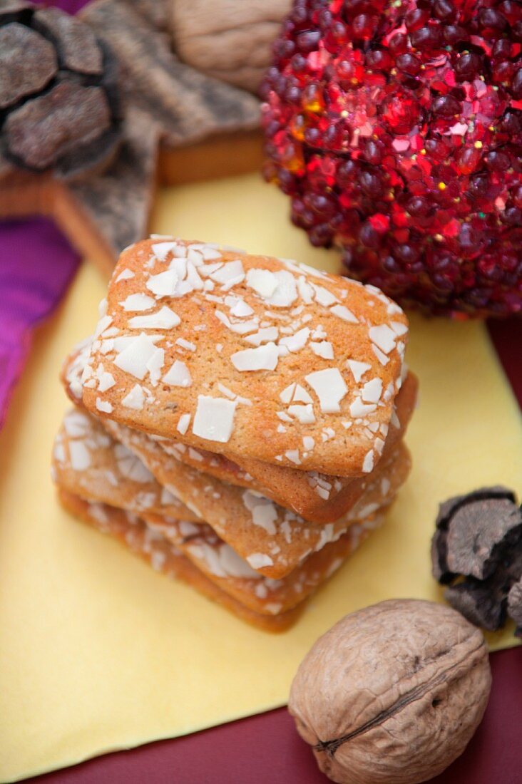 Spiced gingerbread biscuits with almonds, stacked