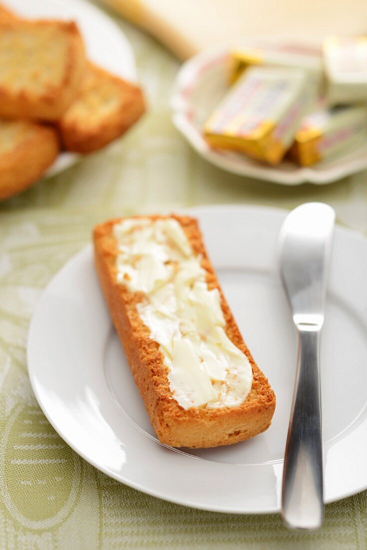 A toasted slice of bread with butter