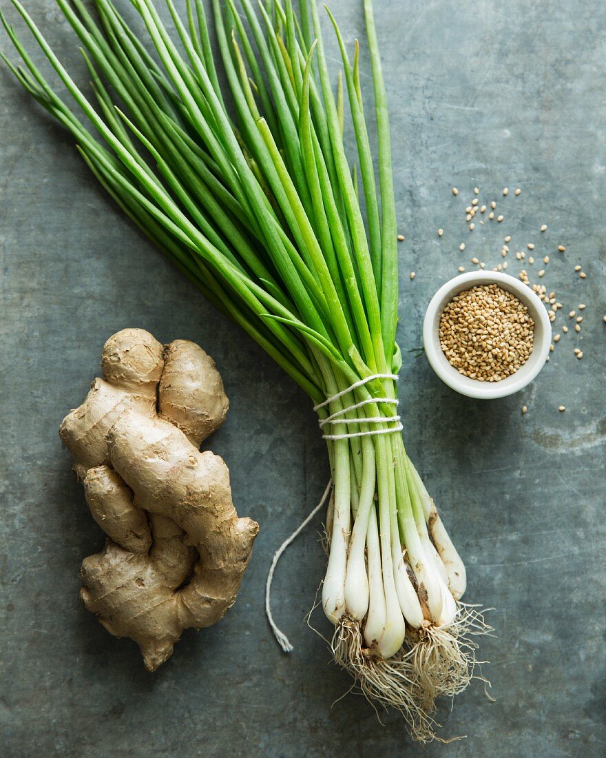 Fresh Ginger, Scallions and Sesame Seeds