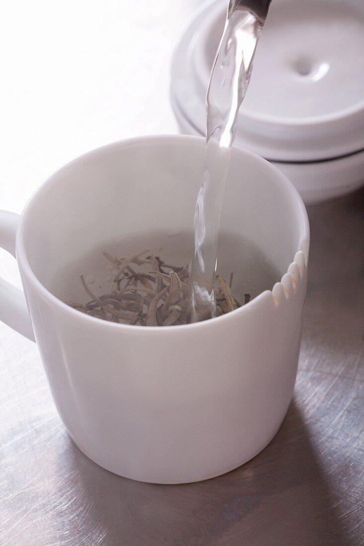 Pouring water on jasmine tea leaves