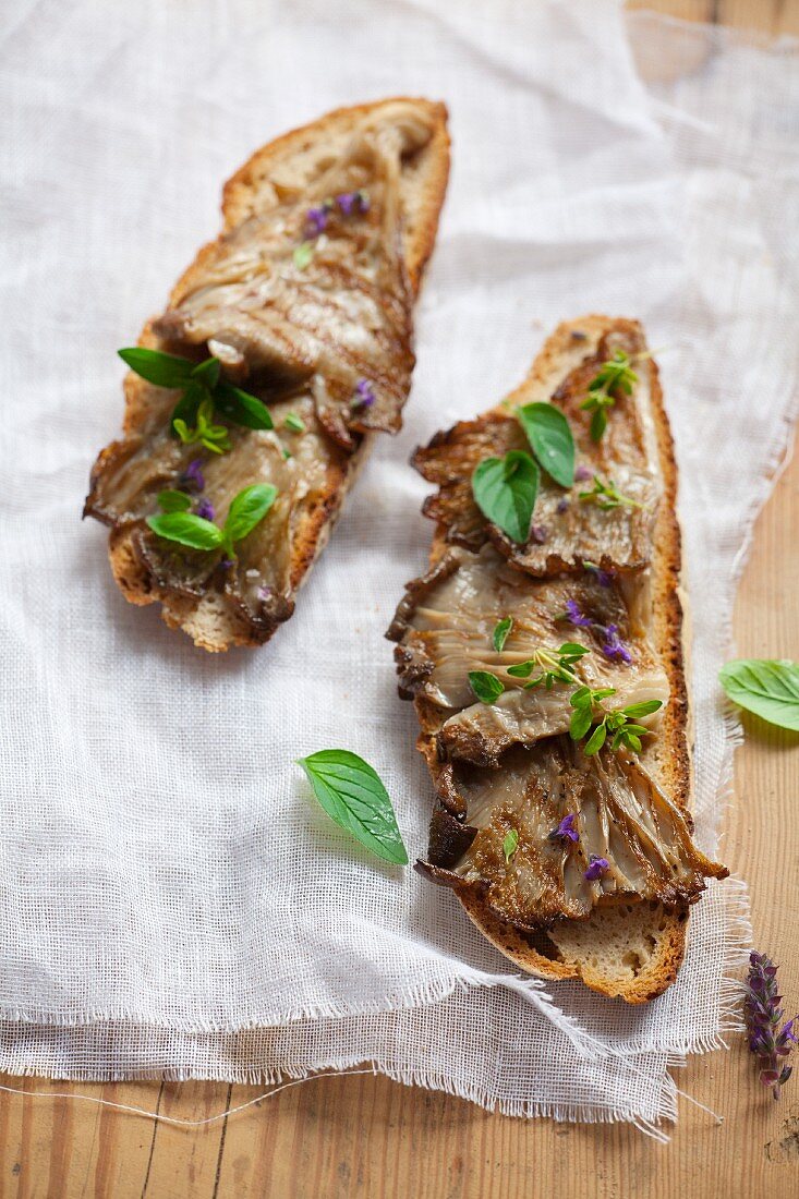 Open sandwich with grilled oyster mushrooms, thyme and oregano