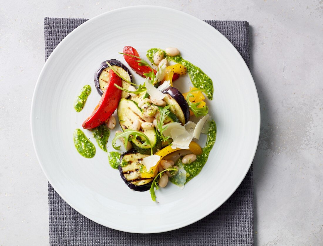 Grilled vegetable salad with pesto and parmesan