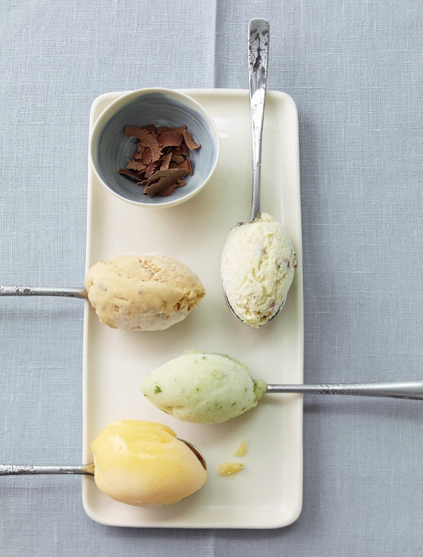 Four types of ice cream on spoons with grated chocolate