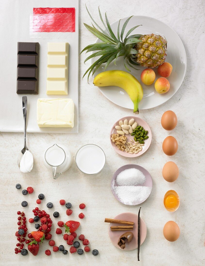 Assorted ingredients for desserts and cakes (top view)