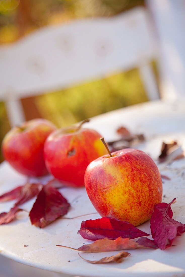 Drei Äpfel und rote Blätter auf einem Tisch