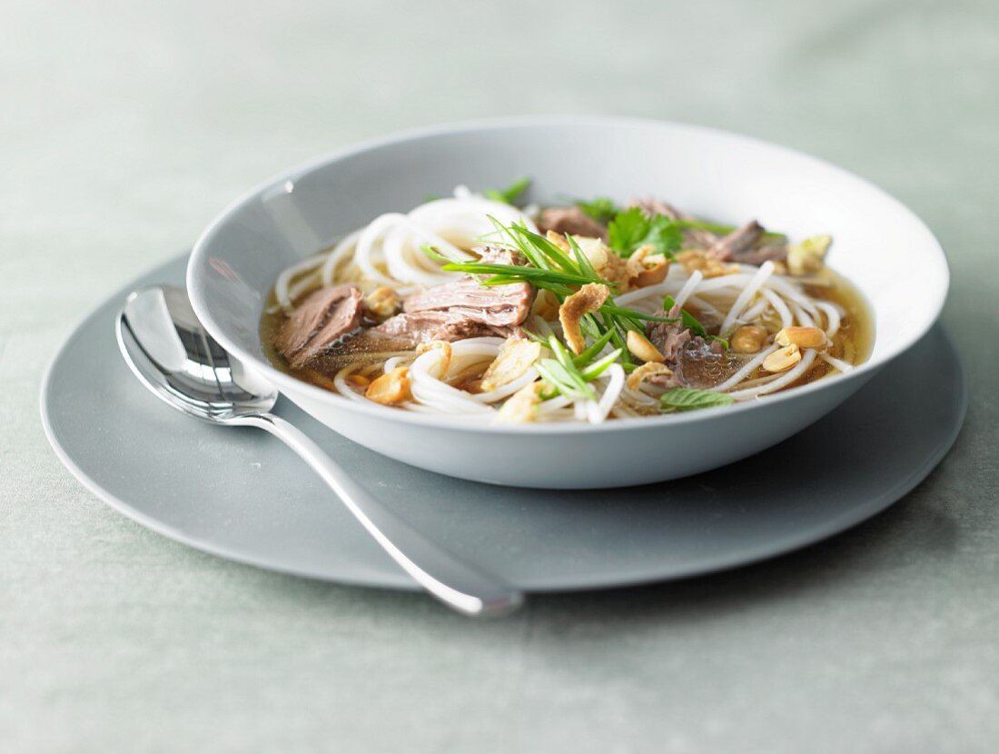 Rindfleischsuppe mit Reisnudeln, Frühlingszwiebeln und Erdnüssen (Asien)