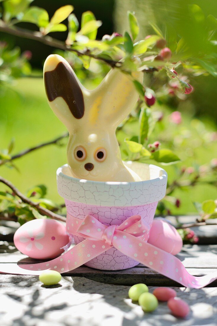 White chocolate bunny in a flower pot