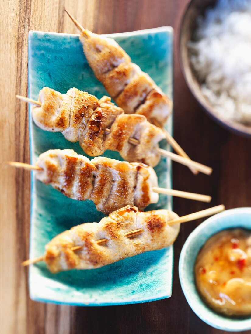 Satay skewers with chili sauce and rice