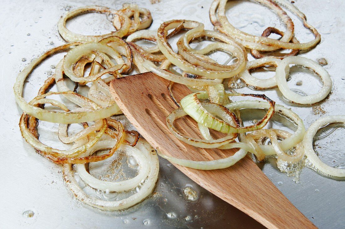 Onion rings being fried