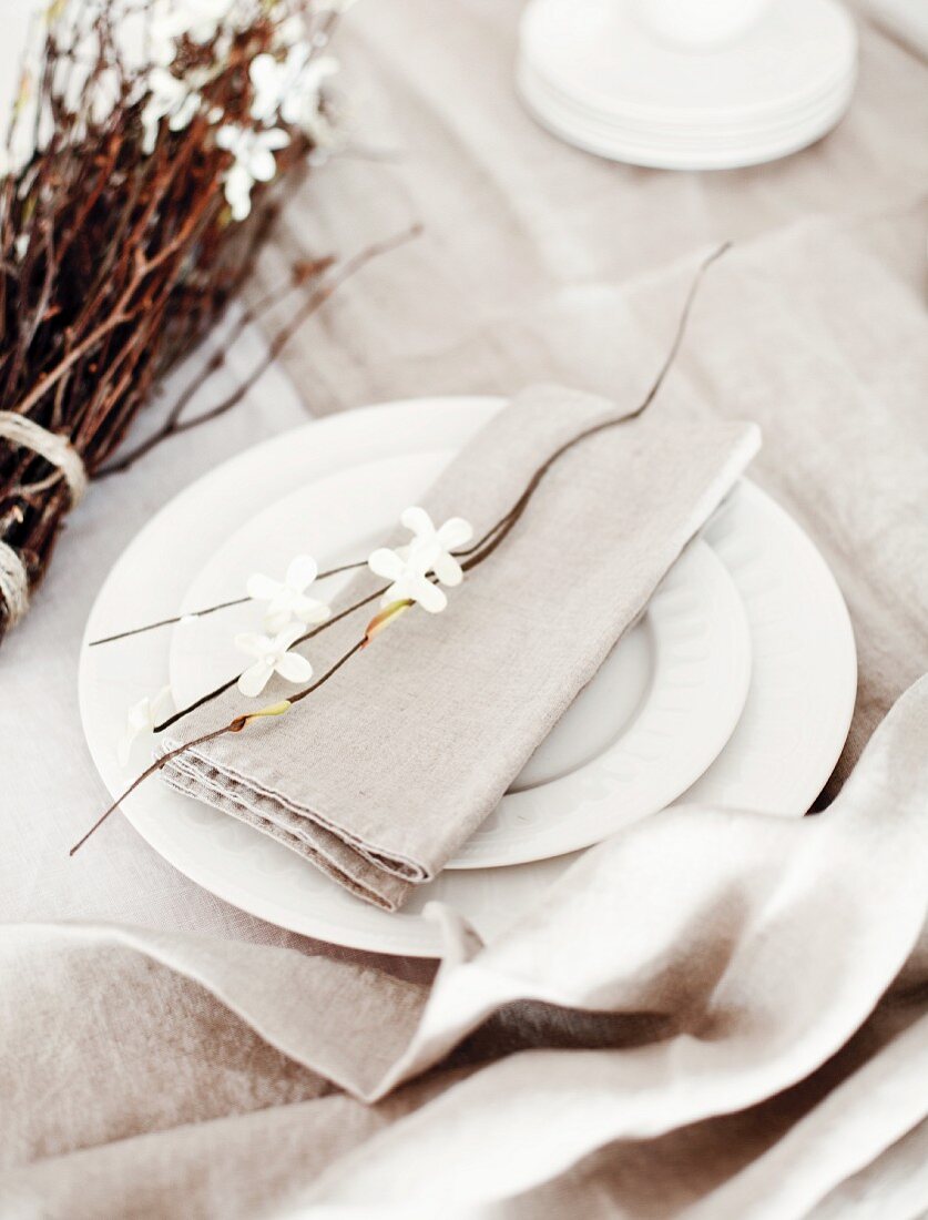 Easter place setting with cloth serviette and twigs
