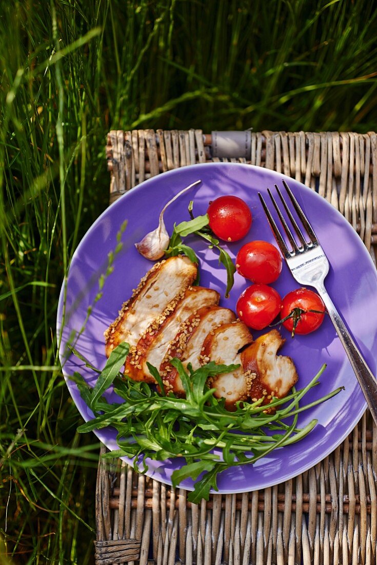 Chicken breast with rocket and tomatoes for a picnic