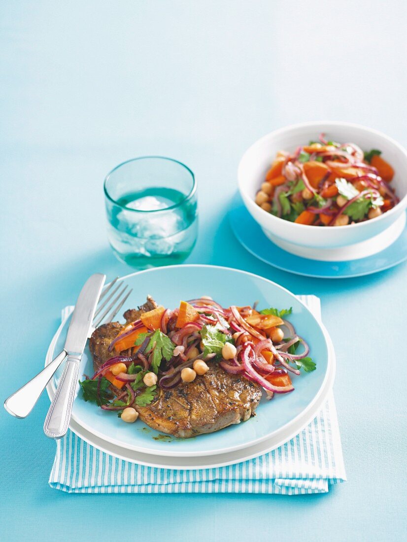 Lamb chops with warm carrot and chickpea salad