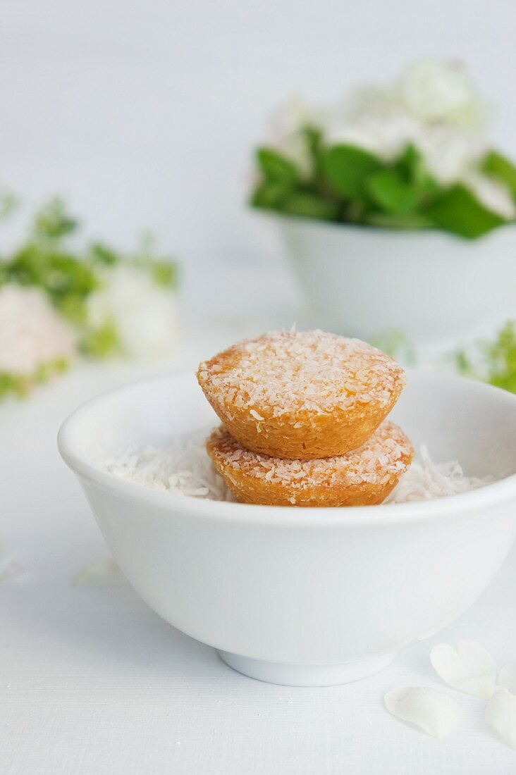 Coconut cakes in a bowl with desicated coconut