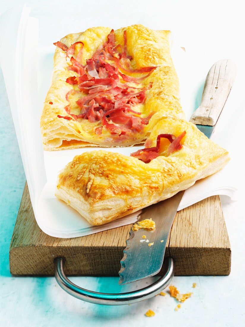 Puff pastry slice topped with ham