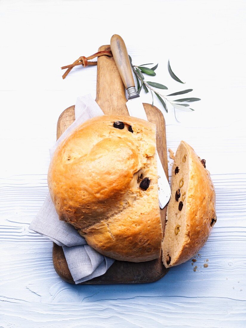 Olive bread on a chopping board