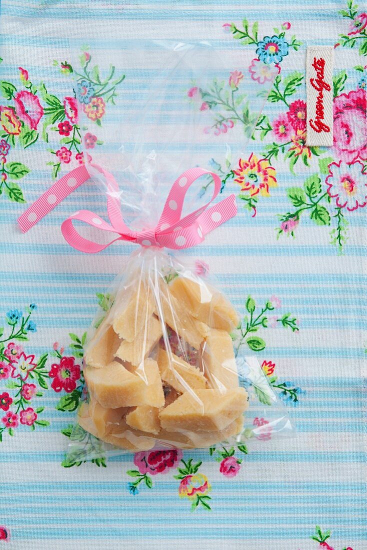 Home-made fudge in a cellophane bag