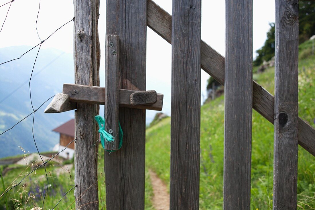 Holztür an einem Drahtzaun in den Alpen