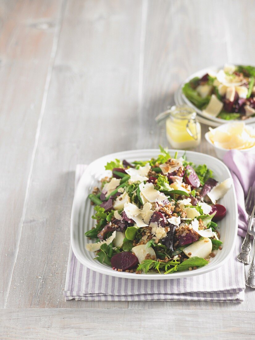 Vegetable salad with baby new potatoes, beetroot, lentils and green beans