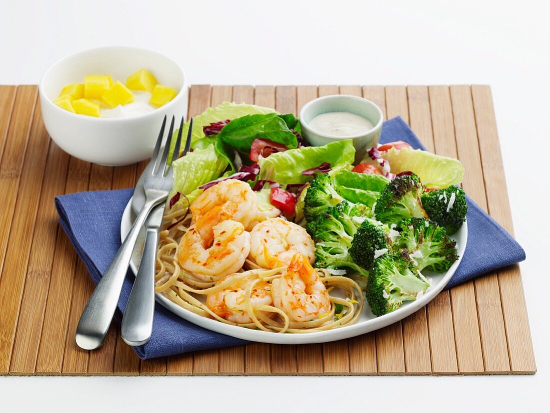 Shrimp Scampi with Broccoli and Salad