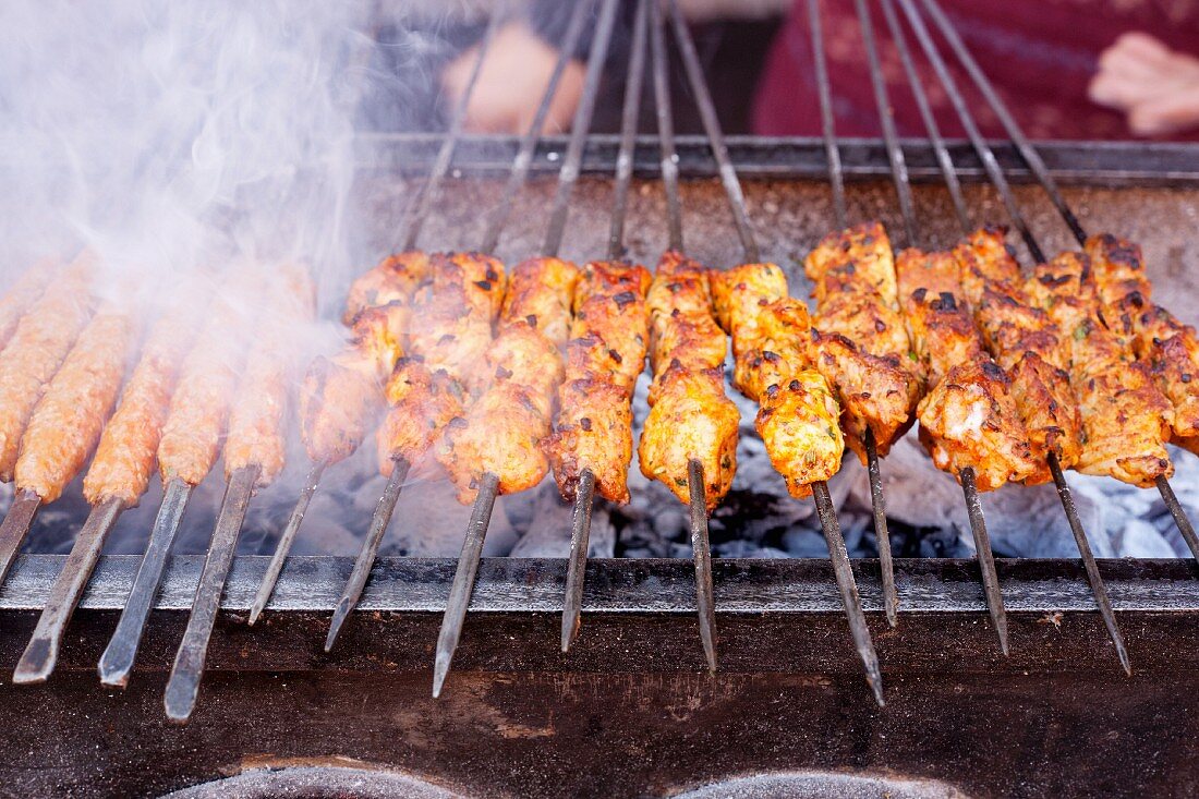 Barbecued skewers of meat at a market in North Africa