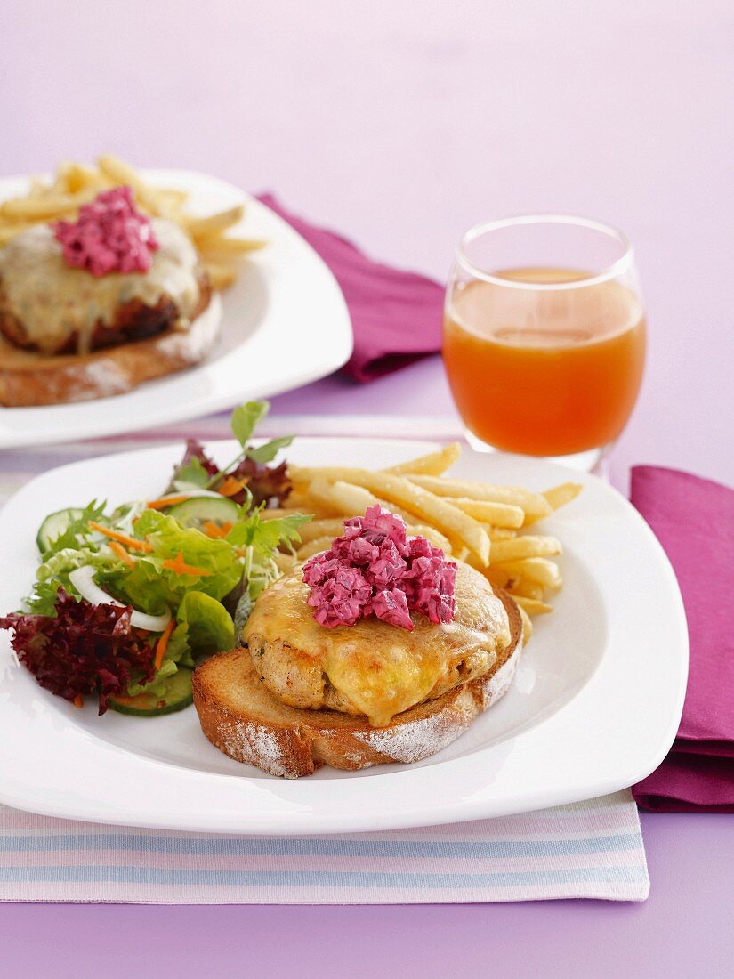 Chicken burger with beetroot dressing