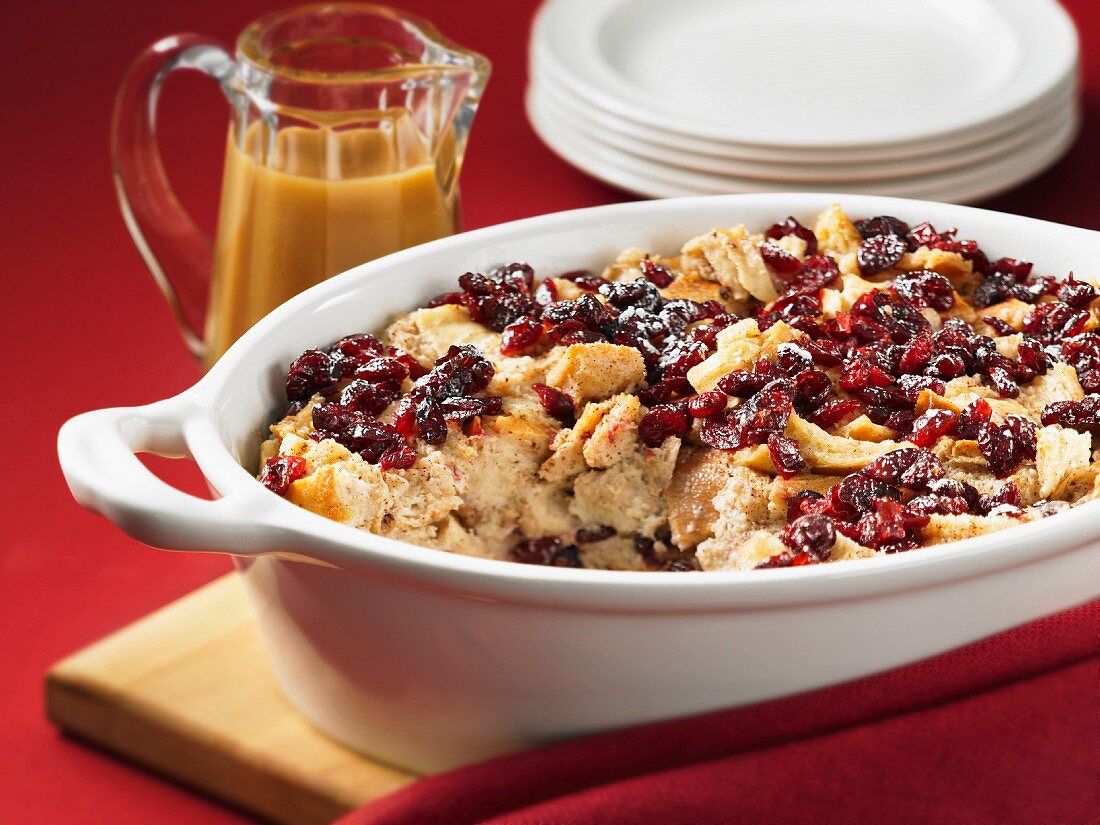 Bread pudding with cranberries and butterscotch sauce