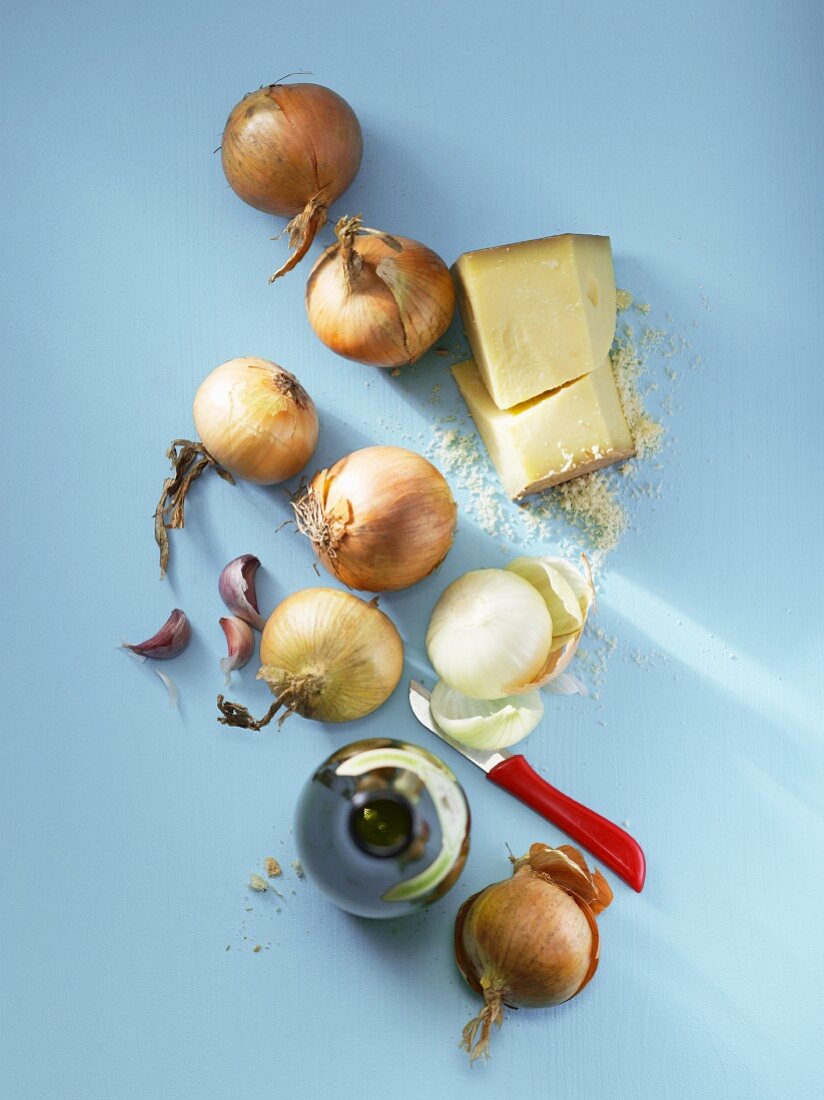 Ingredients for onion soup (view from above)