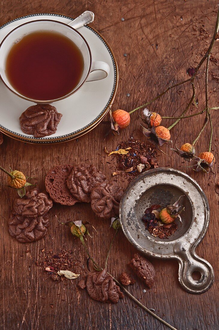 A cup of tea with chocolate biscuits