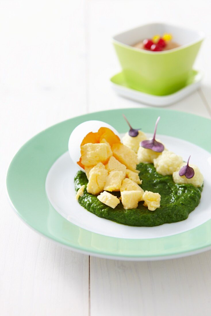 Scrambled egg on spinach