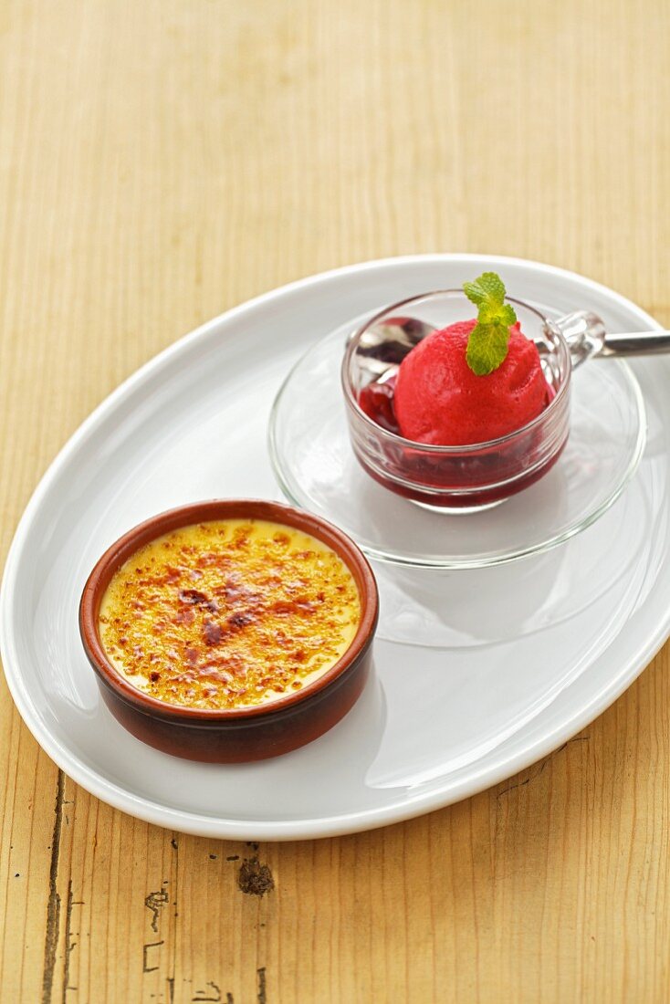 Crème brûlée with Amarena cherries and cherry sorbet