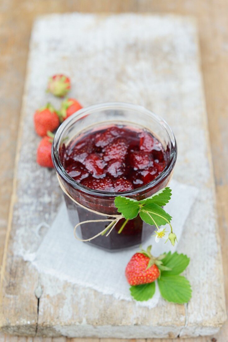 Freshly made strawberry jam in a jar