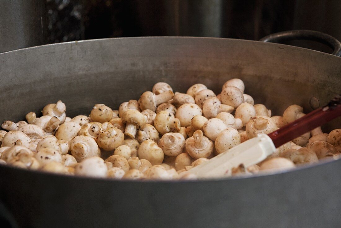 Cooking Button Mushrooms in a Large Pot