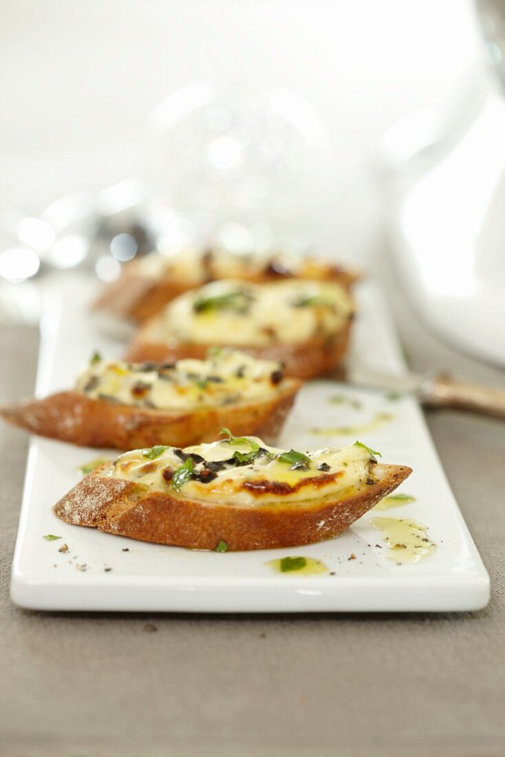 Crostini with oil, mozzarella and basil