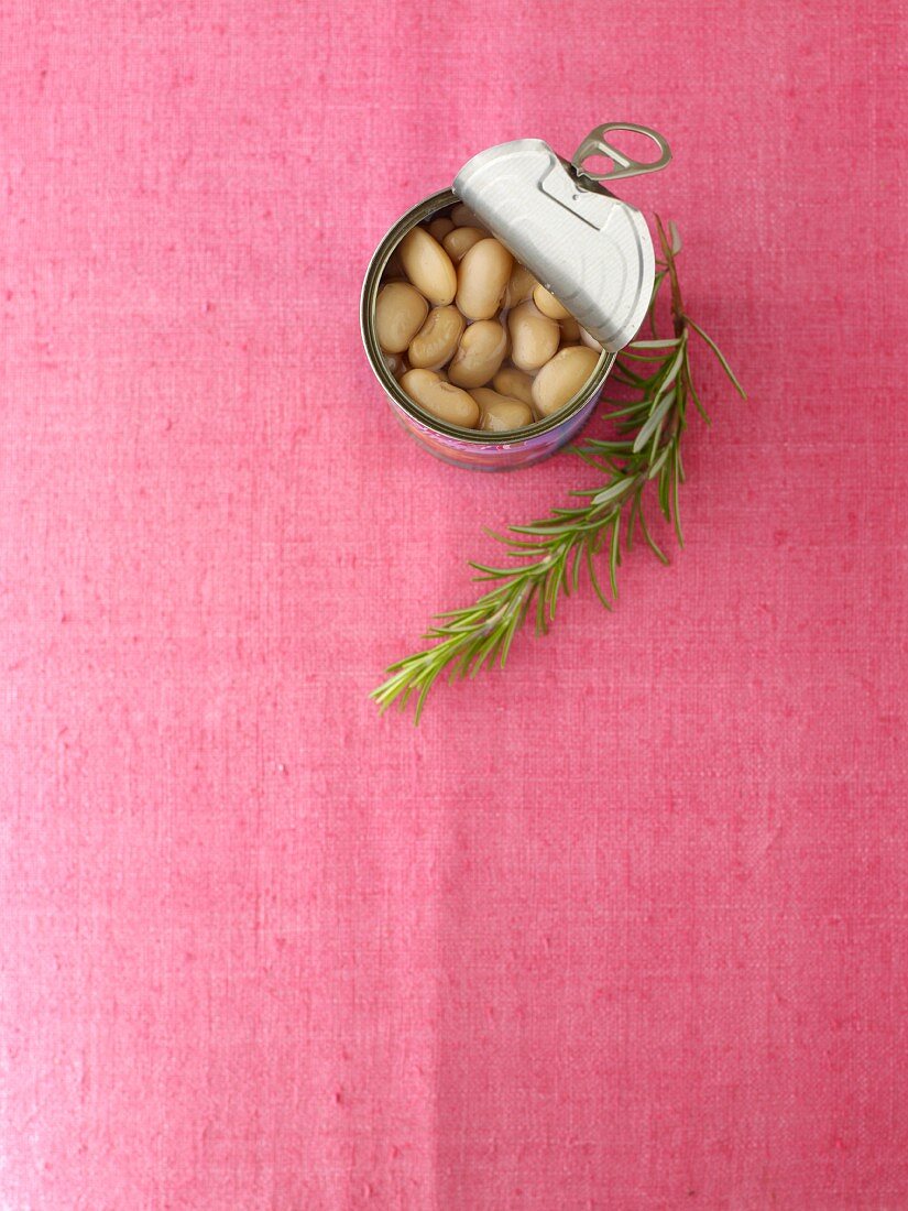 White beans in the tin and a sprig of rosemary