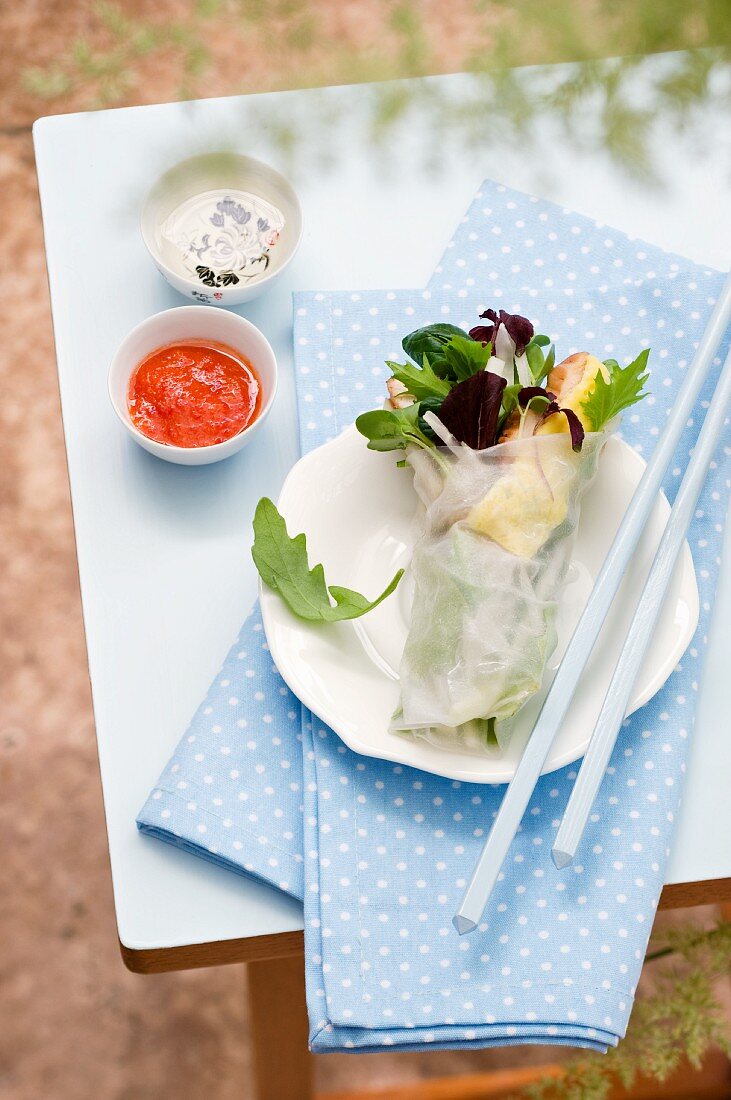 Spring rolls with chicken and salad