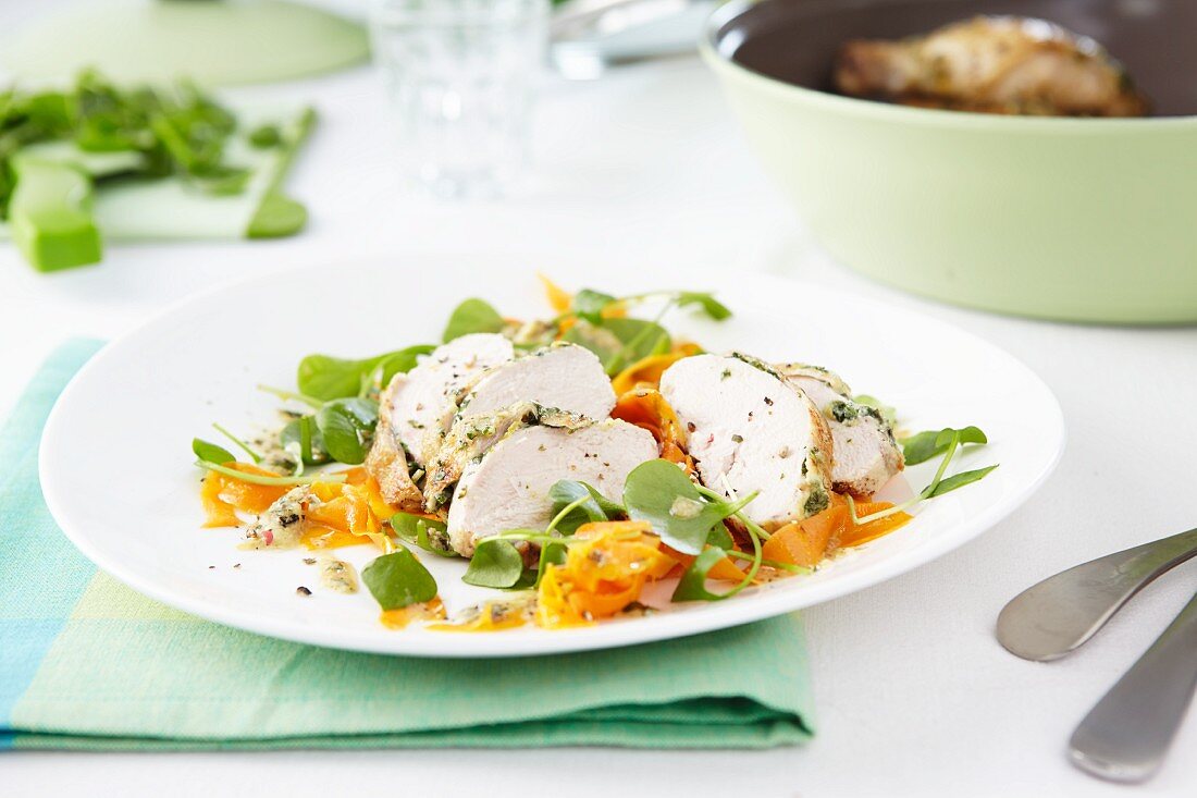Chicken breast with carrots and herb paste